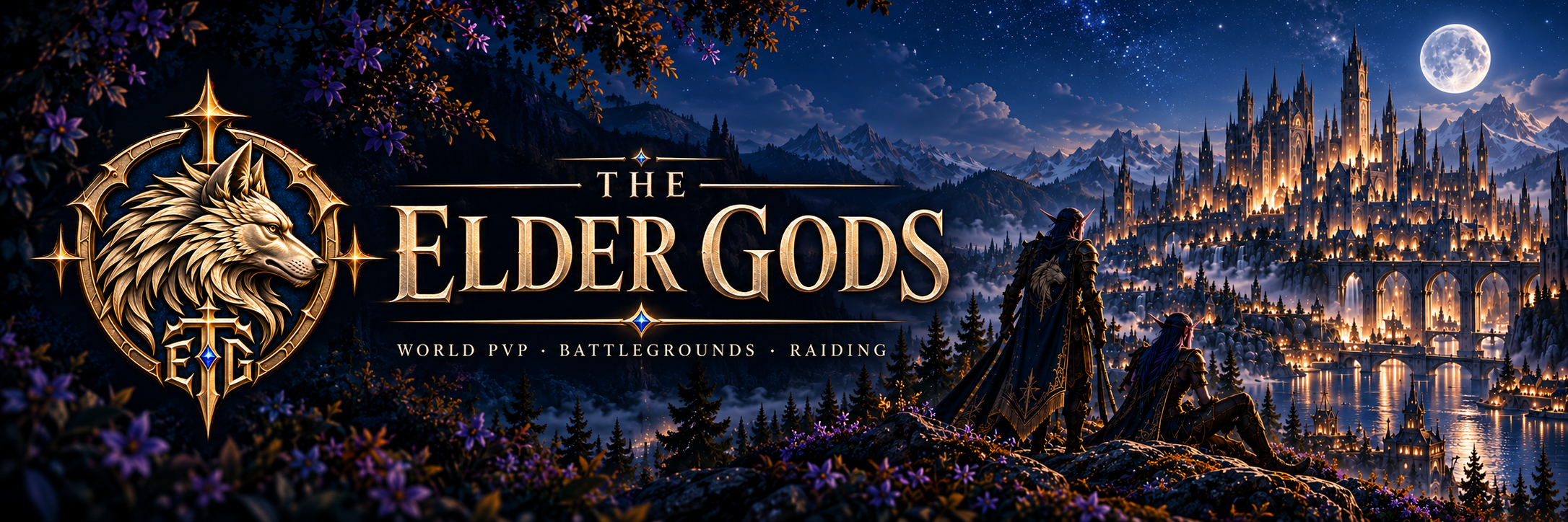 The Elder Gods panoramic cover with wolf crest and moonlit city
